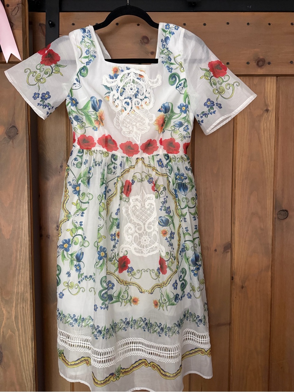 White Silk Floral Lace-Accent Midi Dress